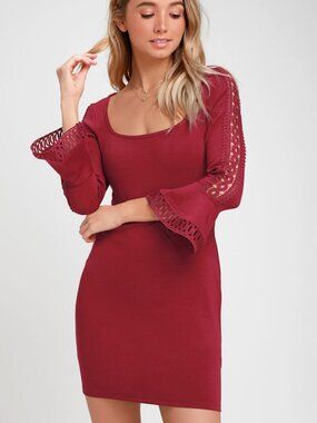 Lulus Charismatic Burgundy Flounce Sleeve Bodycon Mini Dress Purple - Size S